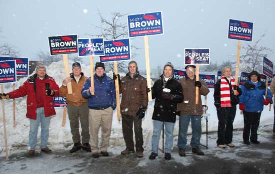 A group of Scott Brown supporters brave the elements in front of the polls at Bromfield on election day, Jan. 19. Brown would go on to win the senate seat left vacant by Ted Kennedy. 