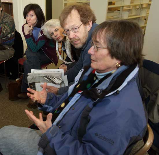 From left: Jackie Normand, Rosanne Saalfield, and John Osborn listen as Connie Larrabee makes a point at the municipal building charrette held in the old library on Jan. 30.
