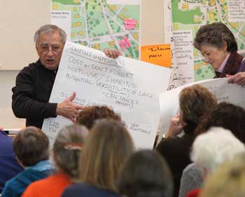 Rick Maiore (left) and Lucy Wallace present their group’s findings during the municipal building charrette held in the old library on Jan. 30. (Photo by Lisa Aciukewicz)