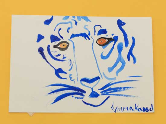 Seventh-grader Emma Kassel’s watercolor of a tiger. The seventh grade studied cultural arts from around the world.
